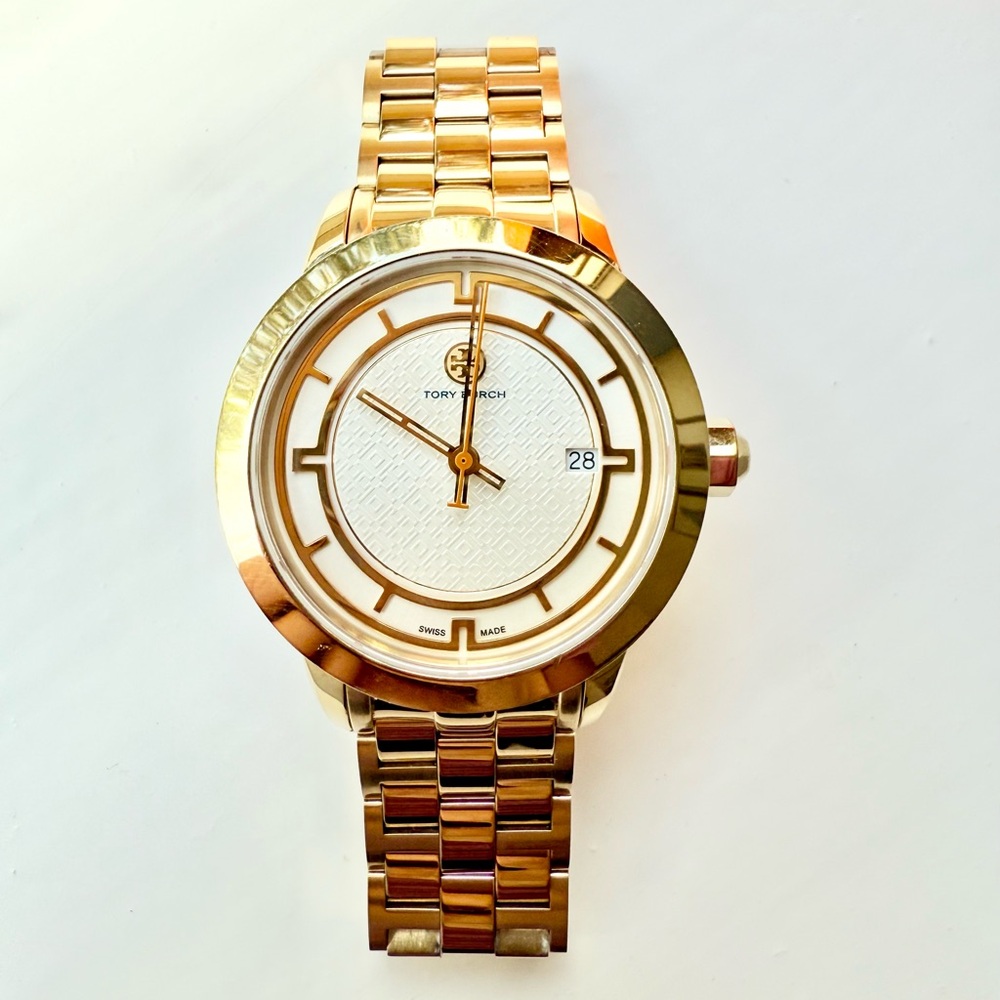Tory Burch Gold and White Stainless Steel Bracelet Watch SWISS MADE IVORY DIAL